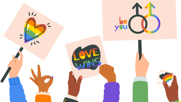 Cartoon hands holding up LGBTQIA+ support banners